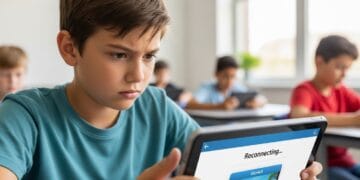A frustrated student looking at a frozen tablet screen during a Gimkit game, with a blurred classroom in the background. The image highlights common Gimkit connectivity issues and the need for a fix.