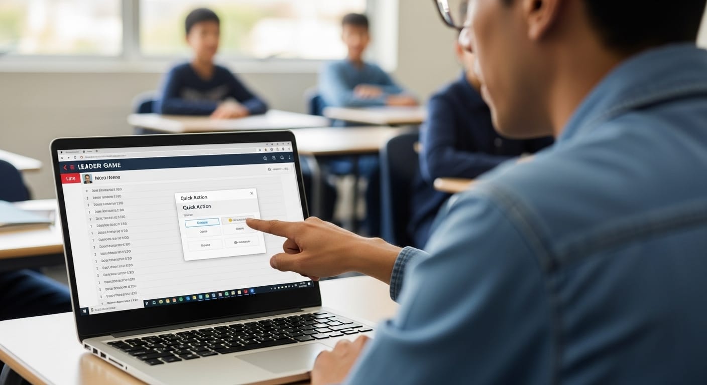 Teacher clicking a student’s name on the leaderboard to access Quick Action options in Gimkit live game interface