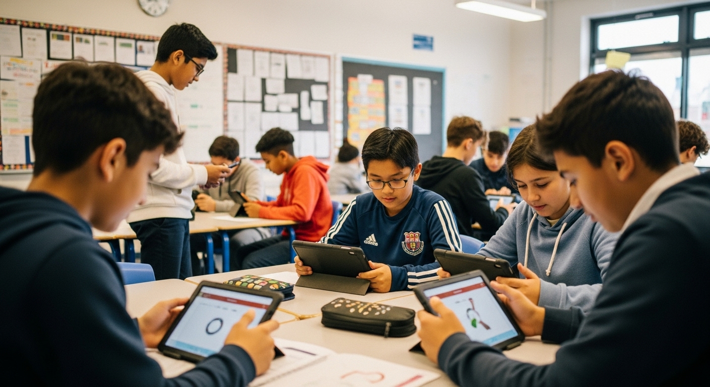 A lively classroom where students are smiling, talking, and engaging with digital learning tools in a group setting