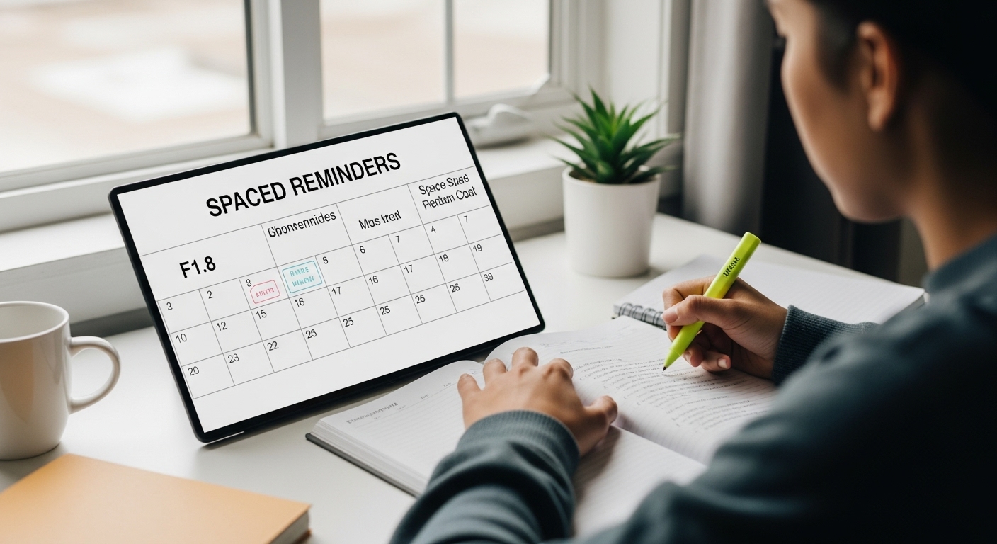 Calendar with spaced study reminders, next to a student reviewing notes at regular intervals