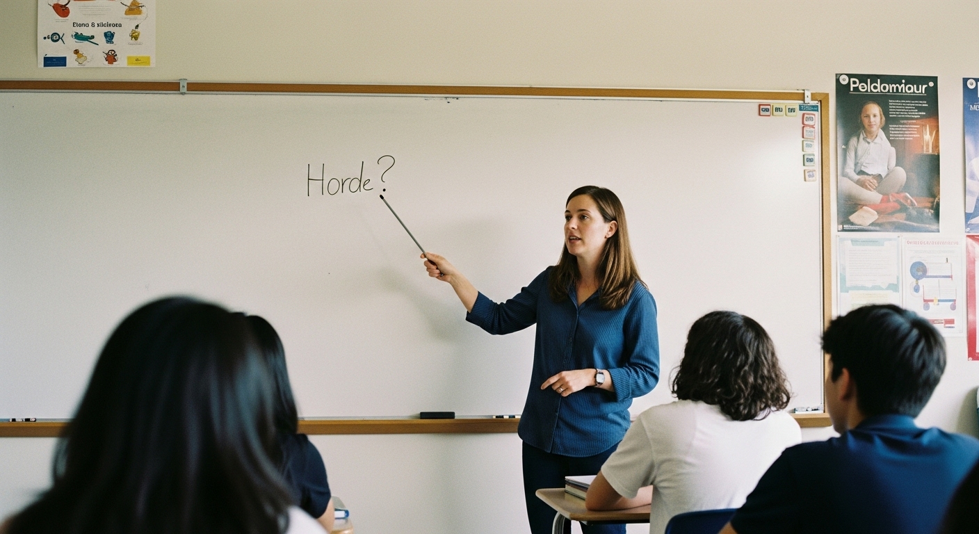 Educator guiding students in crafting thoughtful questions on a whiteboard, emphasizing quality over quantity in classroom learning.