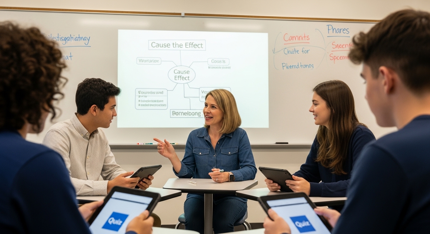 Classroom discussion with teacher and students about big ideas like cause and effect across