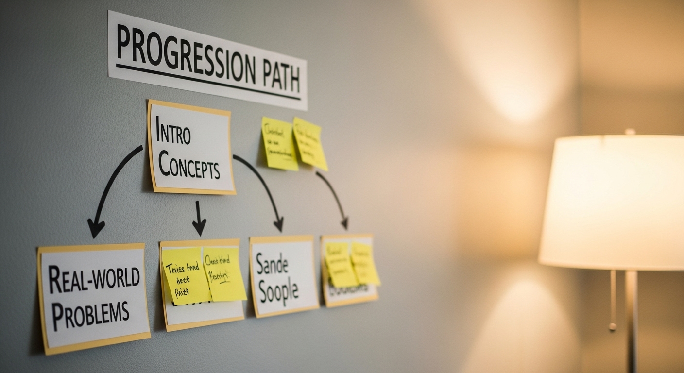 Visual learning board with a structured path from basic to advanced topics, representing progressive knowledge growth in education.