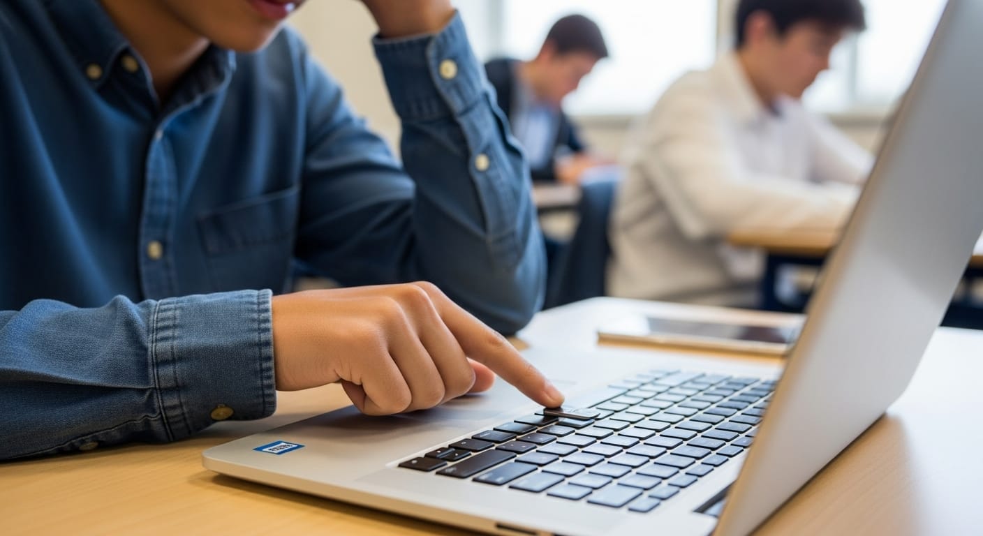Student restarting their laptop in a classroom to fix minor Gimkit connectivity problems