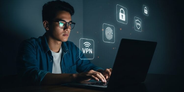 A person using a laptop in a dimly lit room with cybersecurity icons floating around, symbolizing online privacy and data protection in 2025
