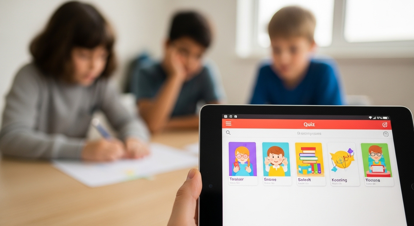 Tablet screen showing multiple educational game topics in a classroom setting, illustrating content versatility 