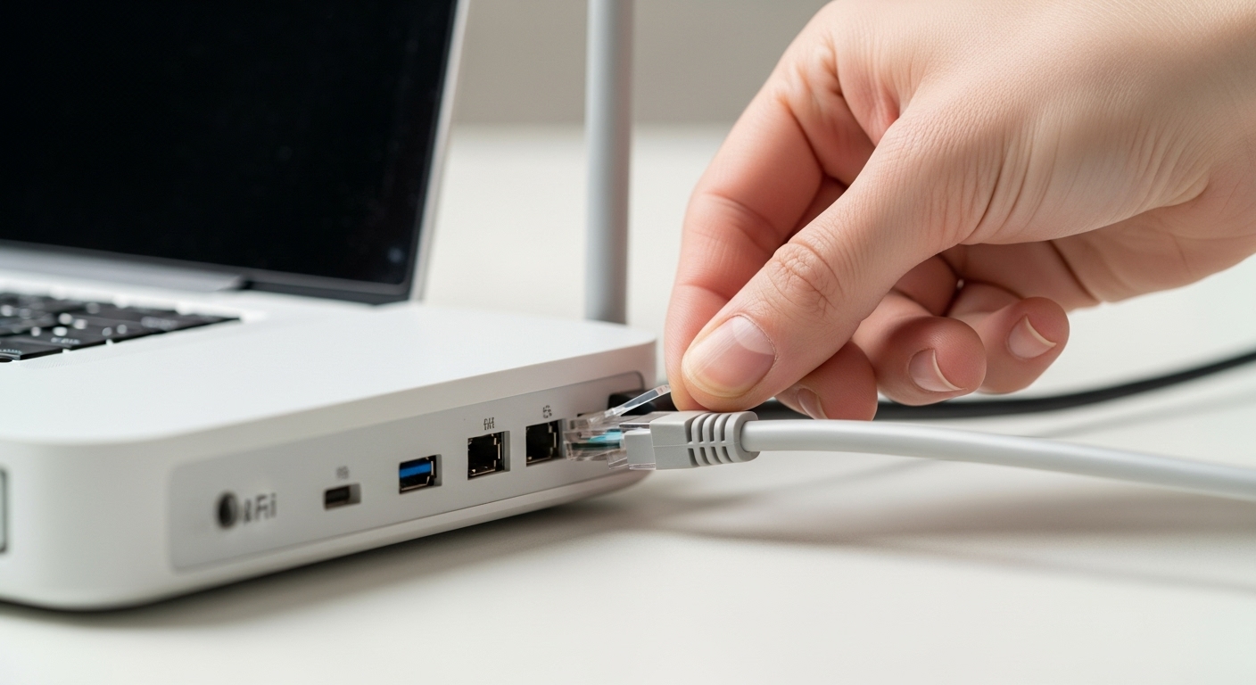 Close-up of an RJ45 Ethernet connector being plugged into a Wi-Fi router and laptop