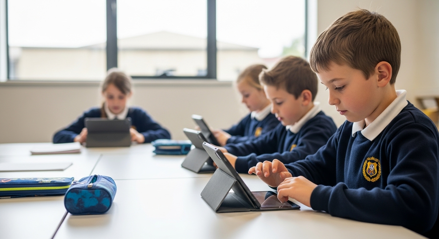 Children engaging in online learning on tablets in a classroom with fast, stable internet
