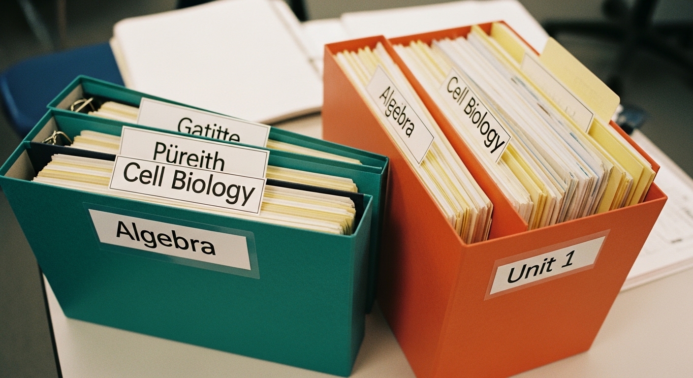 A teacher’s desk with labeled folders for different study units like Cell Biology and Algebra, symbolizing focused educational content organization.