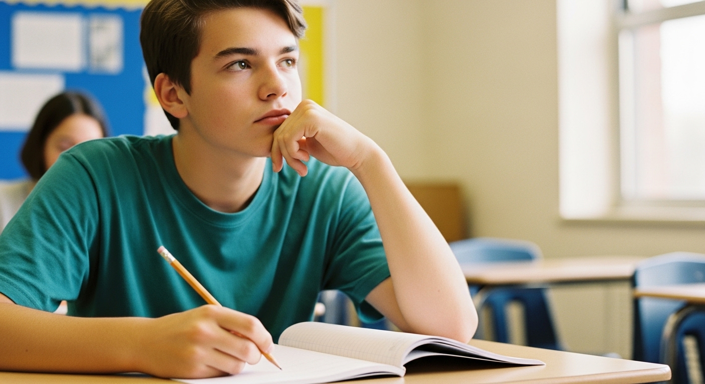 A thoughtful student writing one challenging quiz question during pop quiz preparation, part of the Pop Quiz Prep Kit method