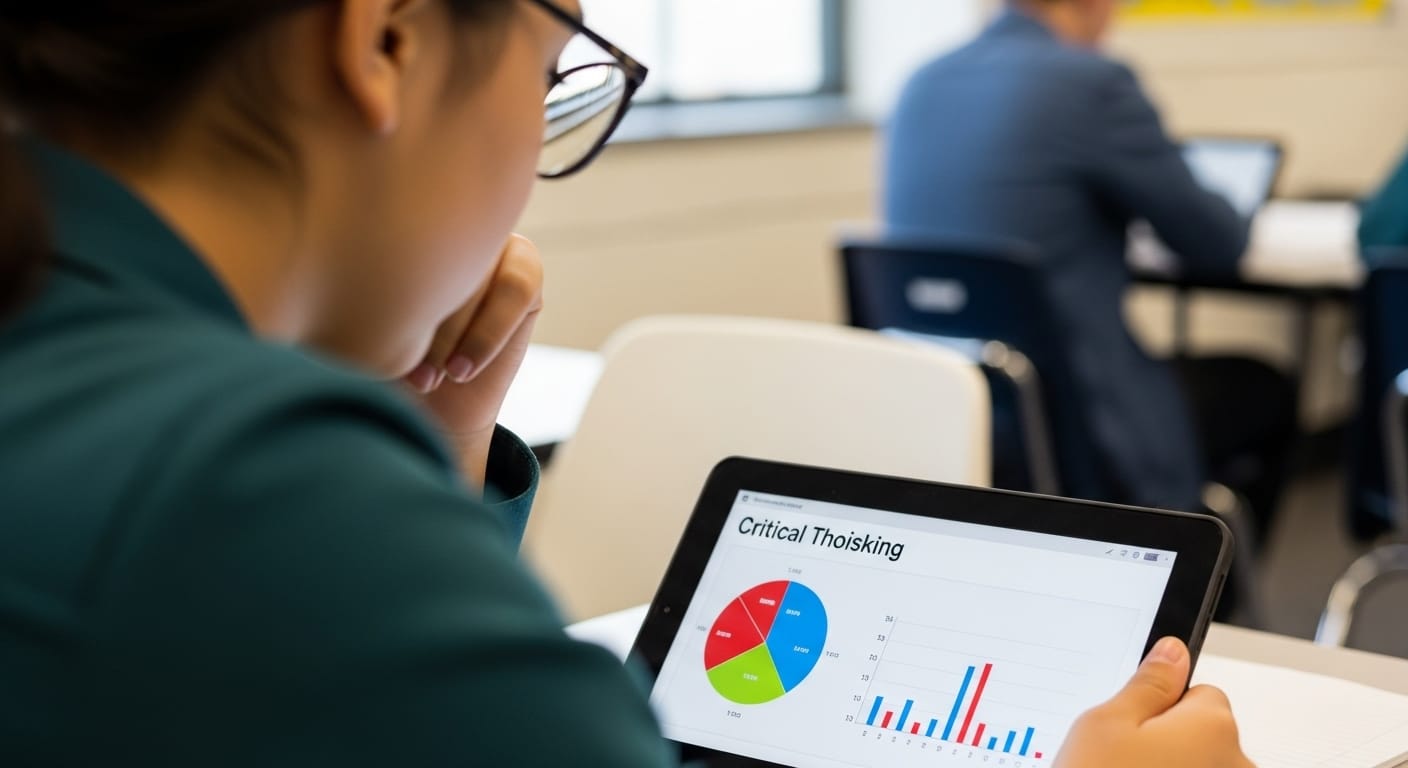 Student analyzing a visual chart on a tablet during a critical thinking classroom activity