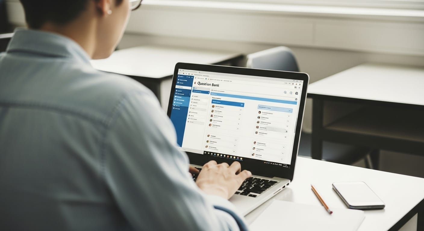 Teacher sitting at a desk selecting questions from a digital question bank on a laptop for an online classroom quiz
