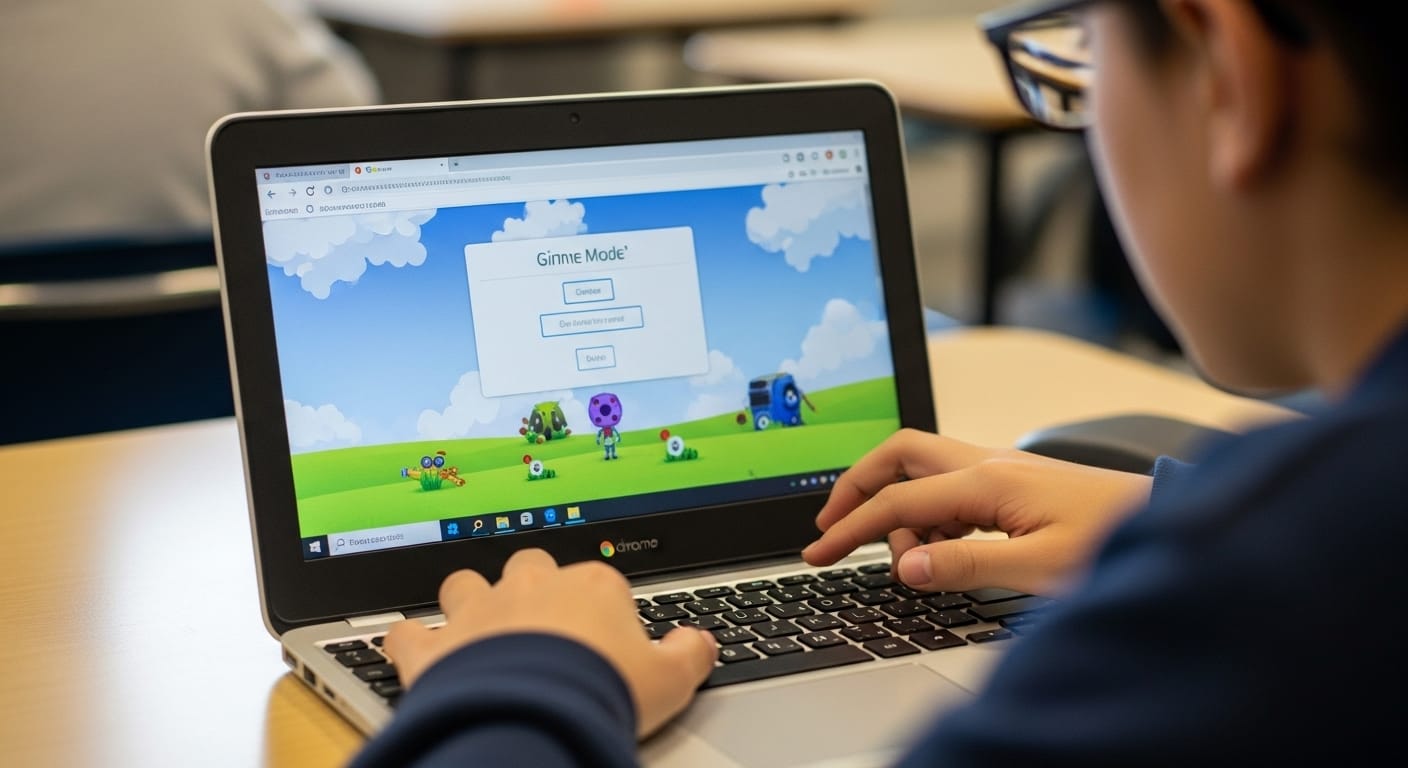 Student selecting simpler Gimkit game modes on an older laptop to improve performance