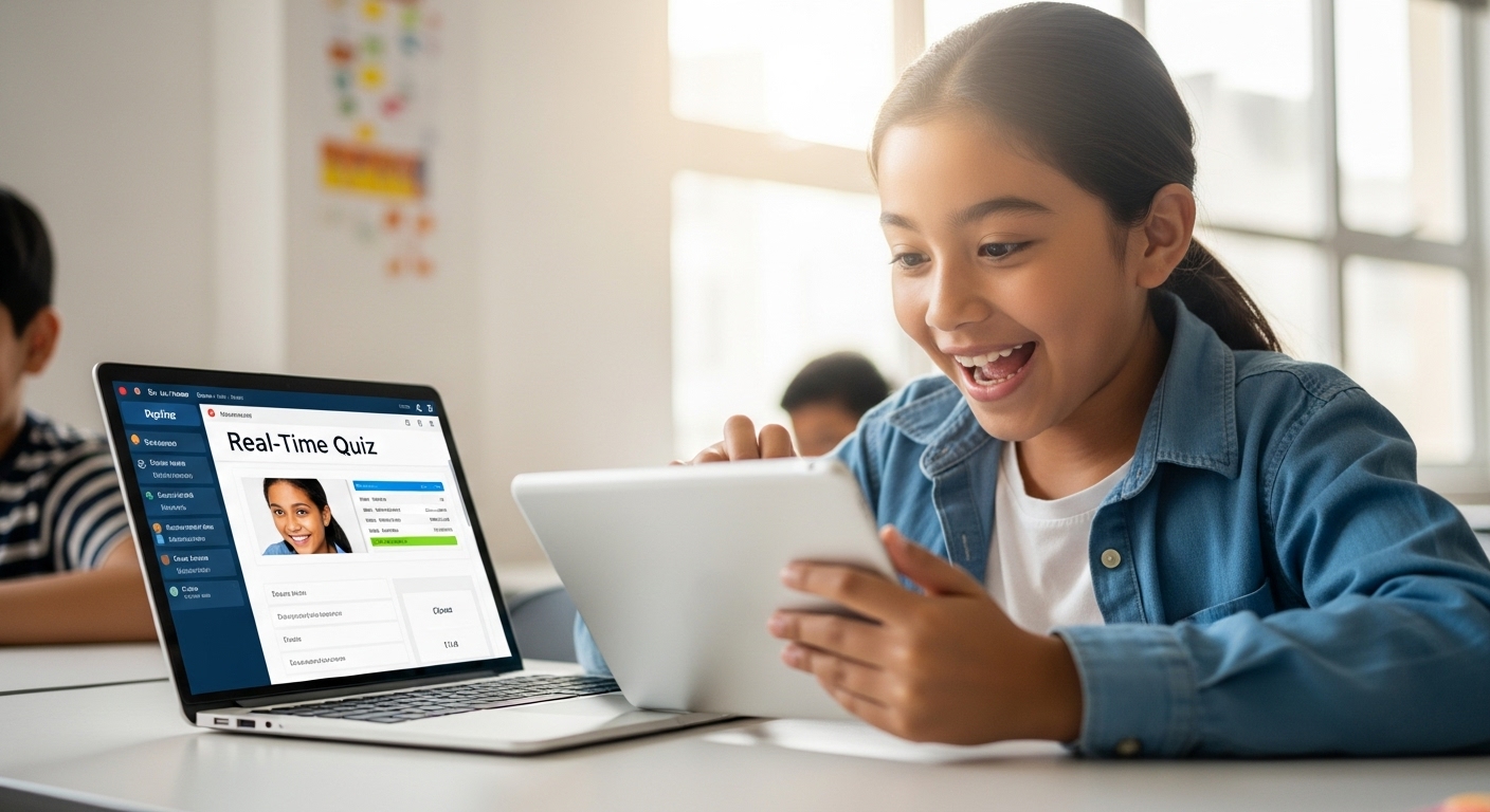 Gamification in virtual classroom supported by fast VPS hosting; students engaged in online quizzes with real-time scoring and interactive elements.