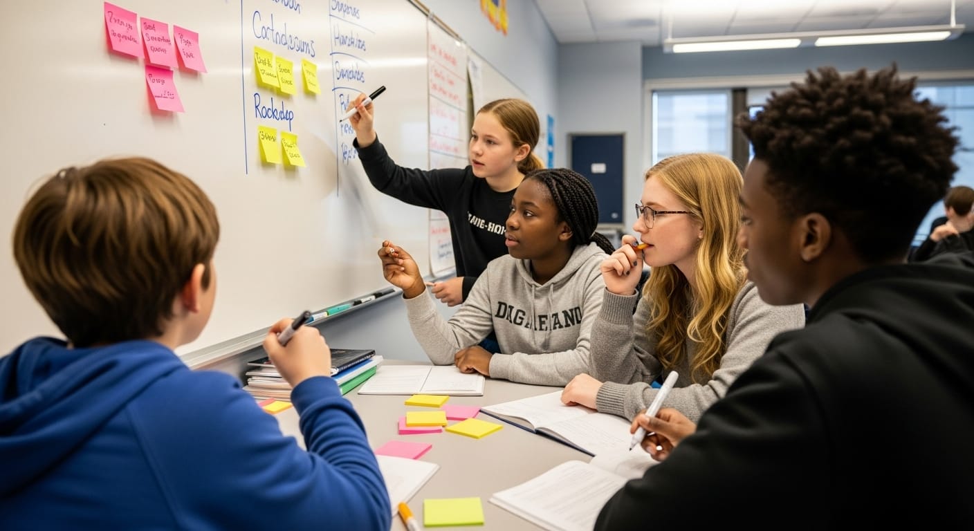 Students working on a sustainable city project, brainstorming renewable energy solutions and urban planning ideas during a project-based learning unit.