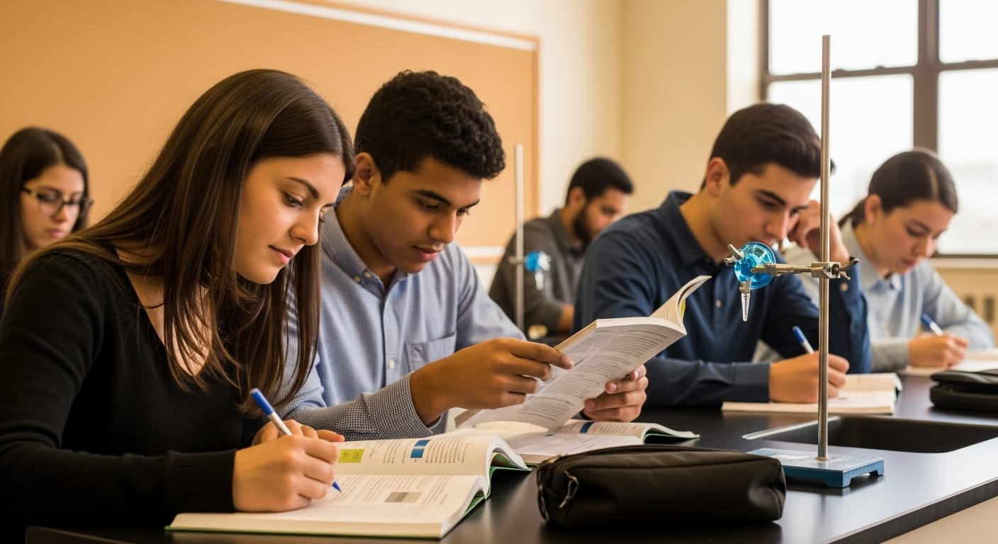 Students analyzing data on printed sheets and digital screens, collaborating and discussing findings in a classroom setting.