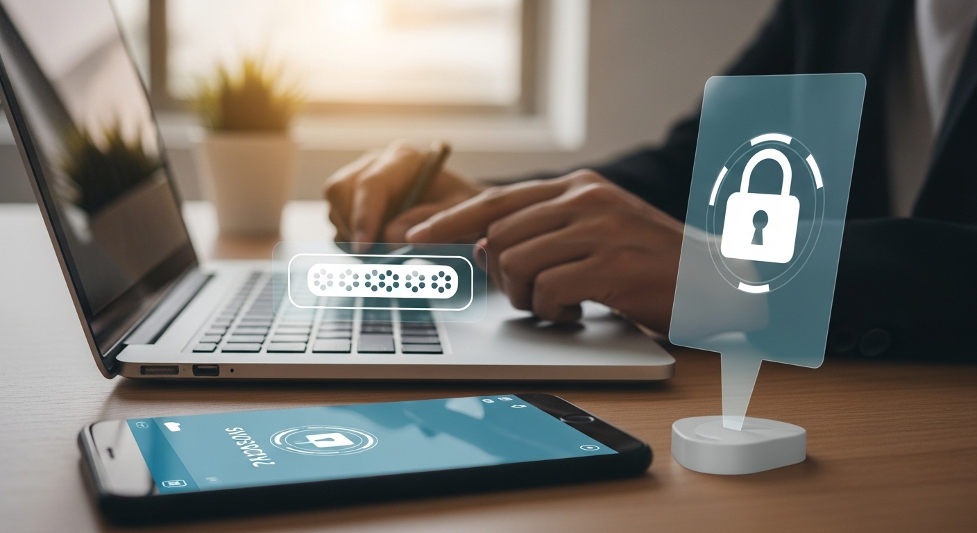 Digital login screen showing strong password setup and two-factor authentication symbol to promote safe online security habits.