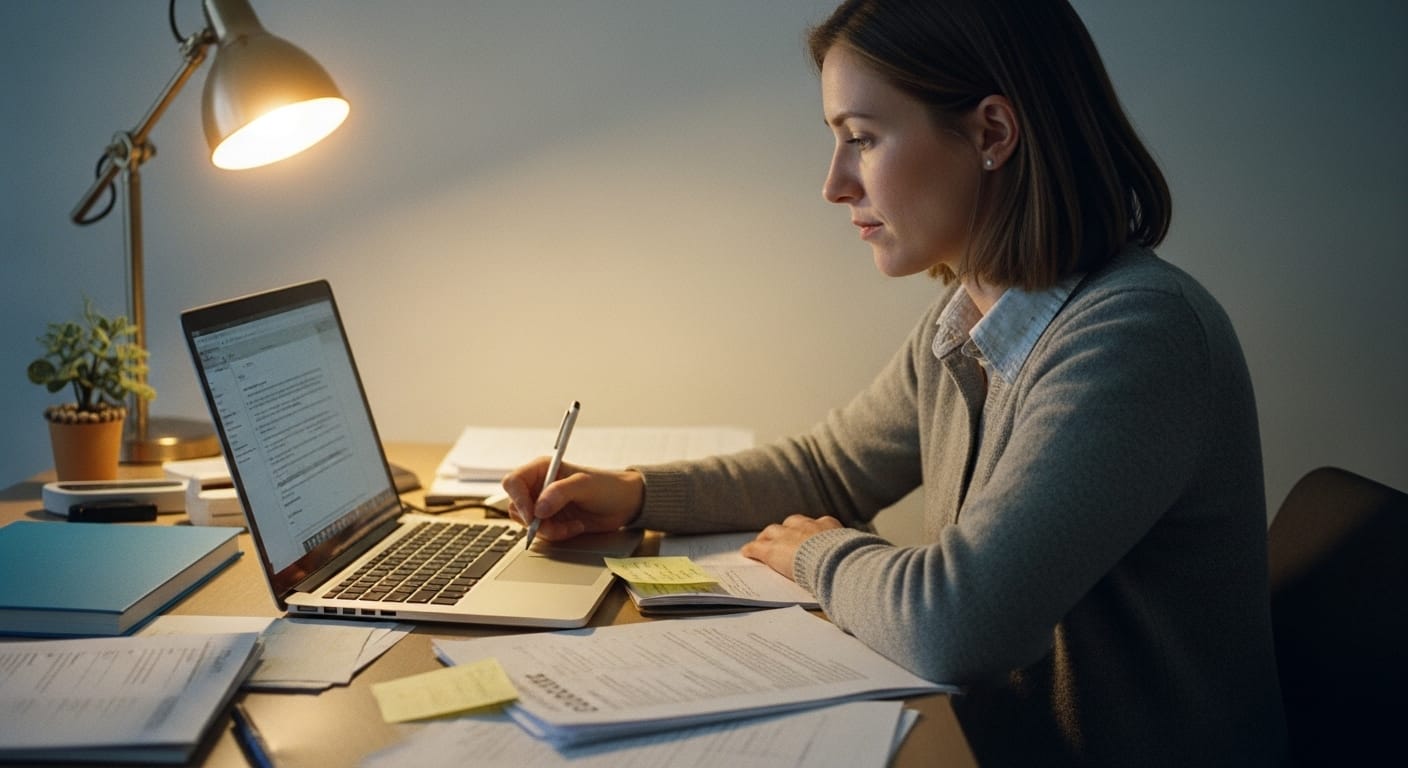 Teacher creating question sets on a laptop for deeper student engagement, focused on crafting meaningful and challenging quiz content
