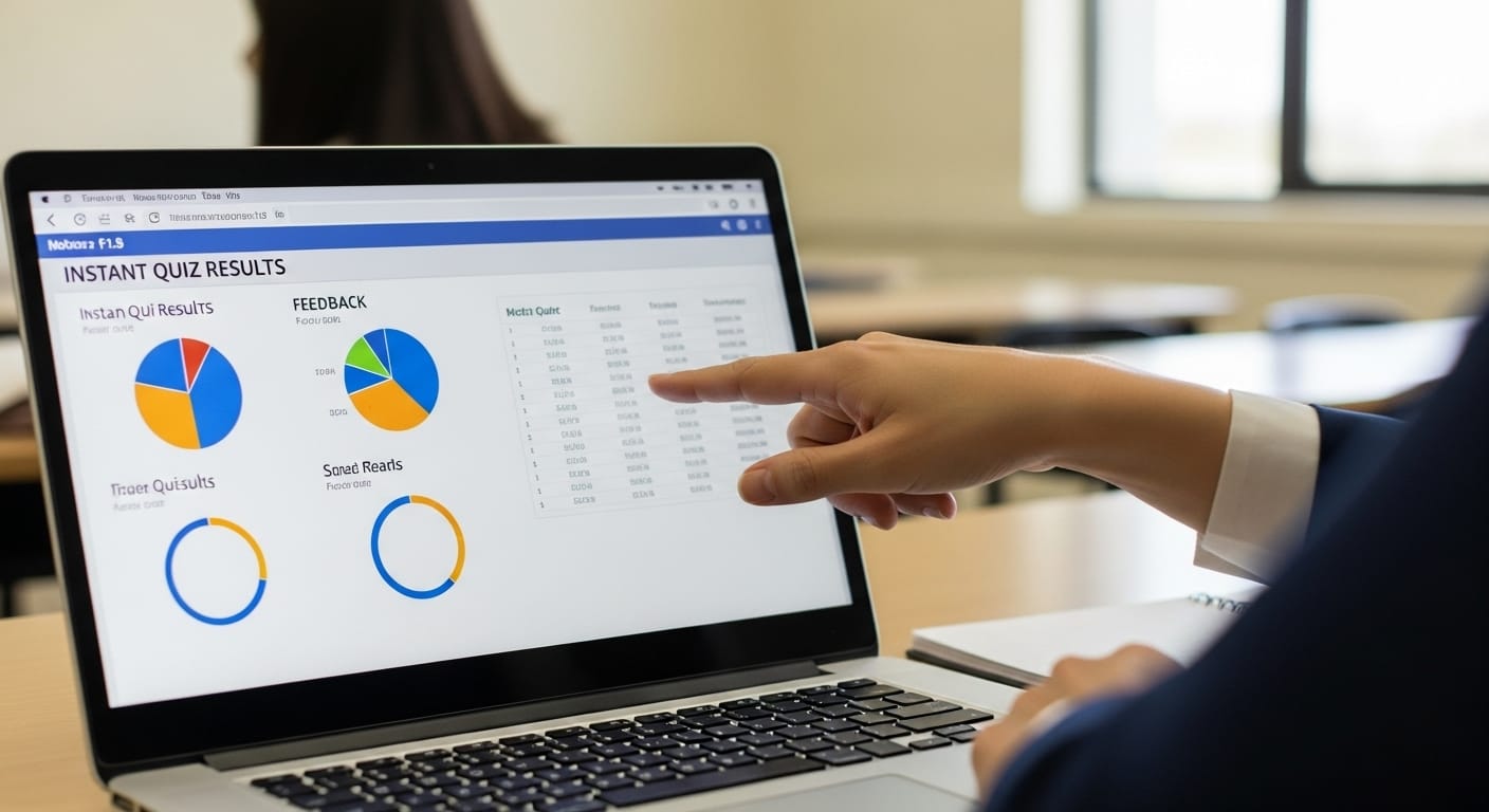 A teacher checking student performance data on a digital dashboard after a Gimkit game for formative assessment insights.