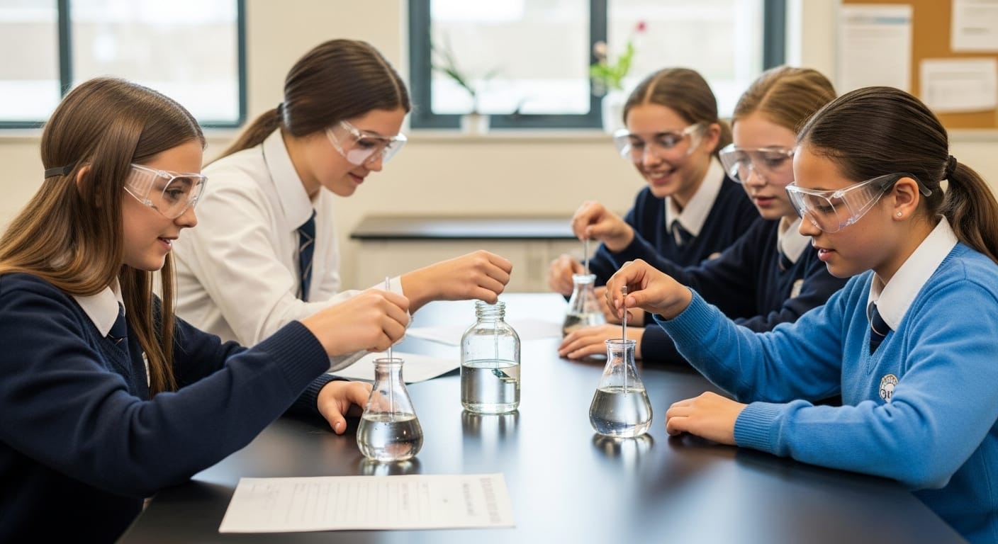 Students conducting a hands-on science experiment about photosynthesis in a classroom, following a flipped learning activity