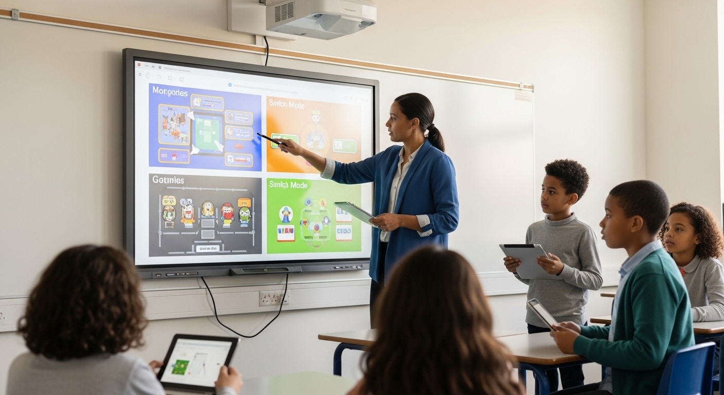 A teacher switching between different game modes on a smartboard in front of students.
