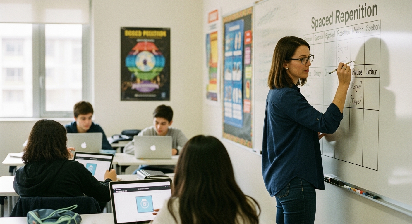 Teacher tracking spaced repetition schedule on whiteboard while students review different topics on devices
