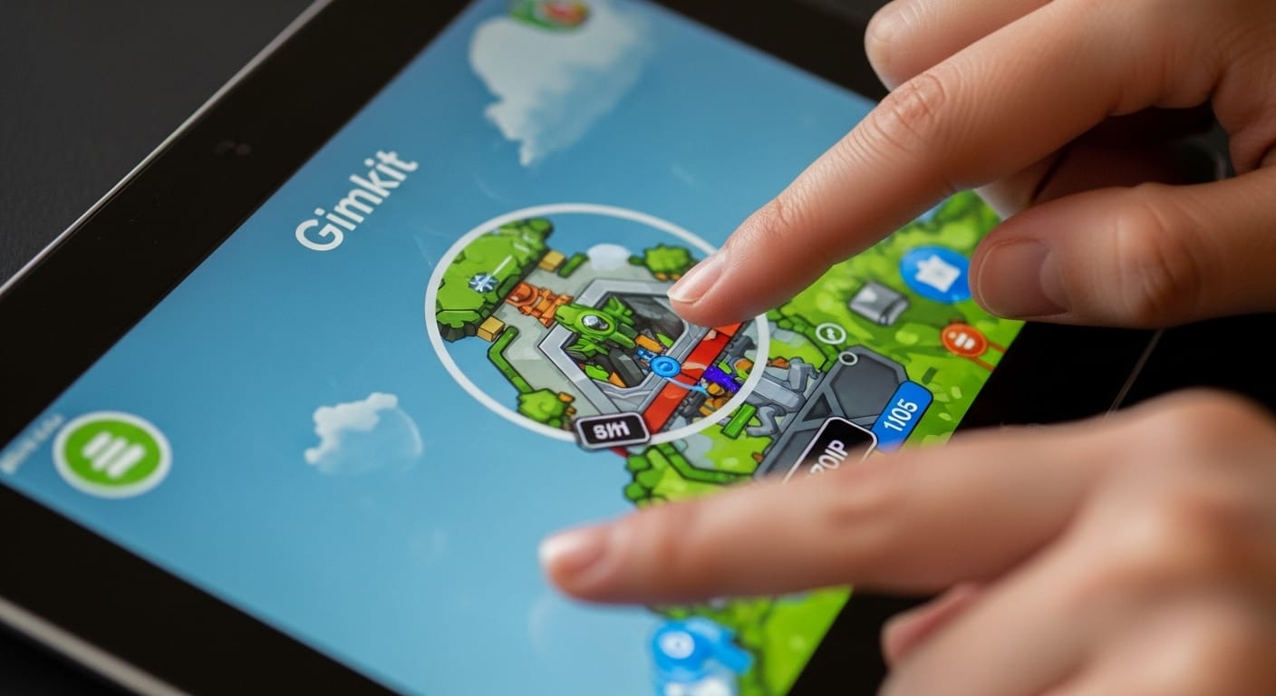 Close-up of fingers pinching to zoom on a Gimkit screen on an Android tablet