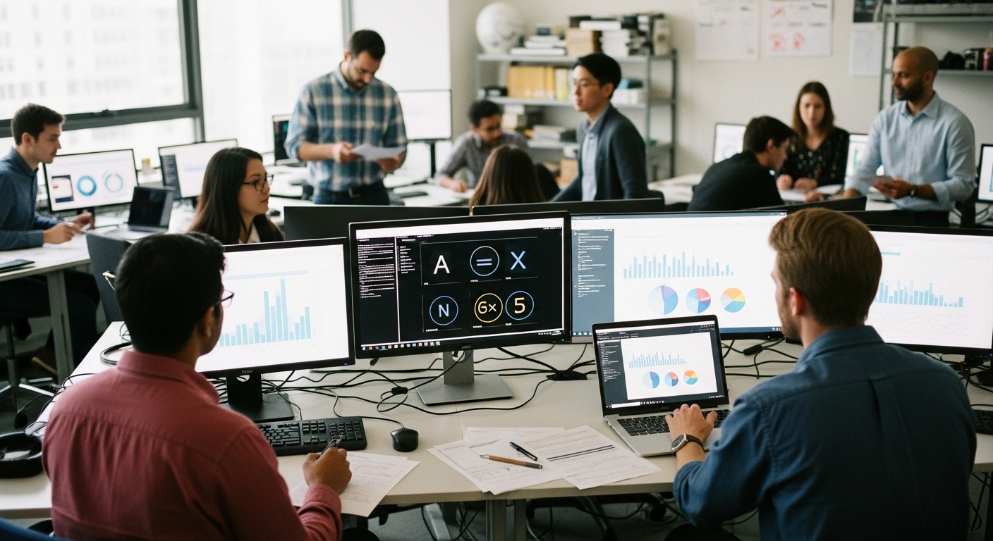Researchers and educators collaborating in a tech lab to study the effects of AI on math education, surrounded by charts, computers, and math visuals.