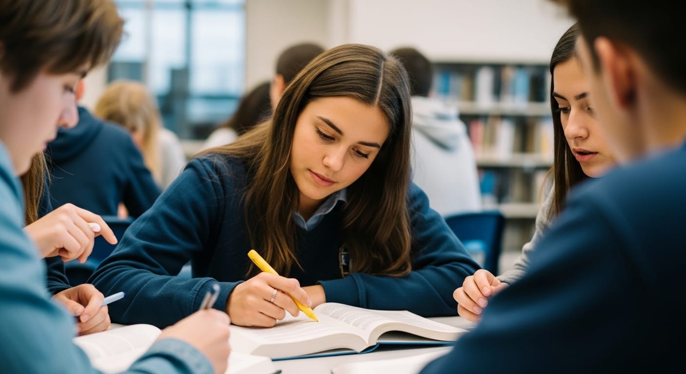 Student pointing to text in an open book during group study, highlighting evidence with a marker.