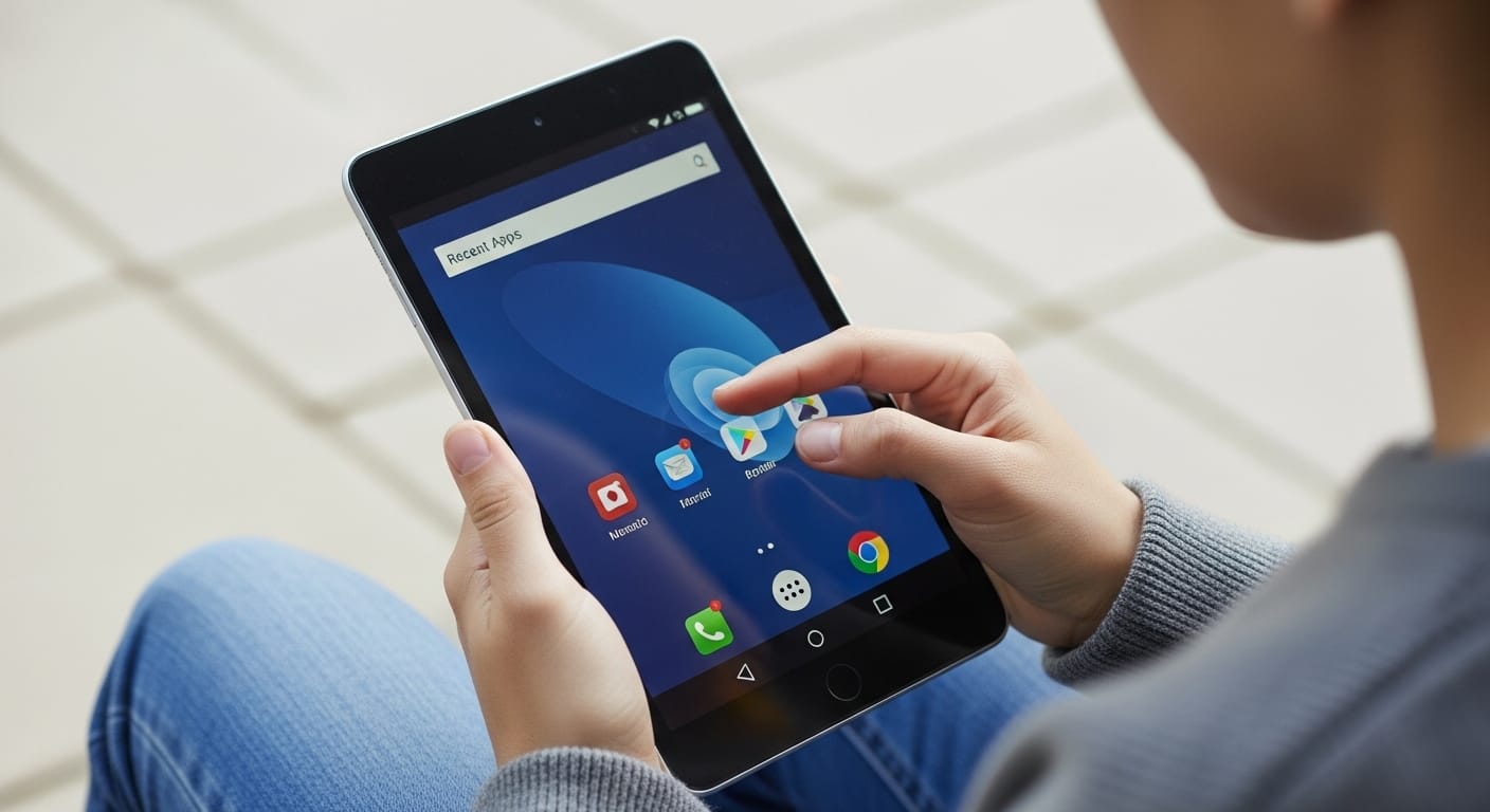 Student swiping away background apps on an Android tablet to optimize Gimkit performance