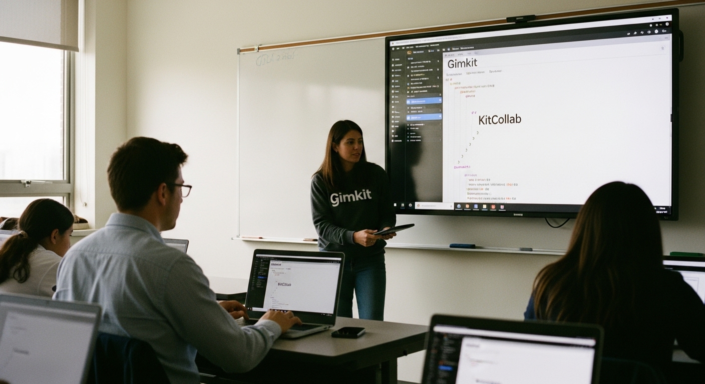 A teacher in a modern classroom using a laptop to share a Gimkit KitCollab code on a big screen while students follow along on their laptops.