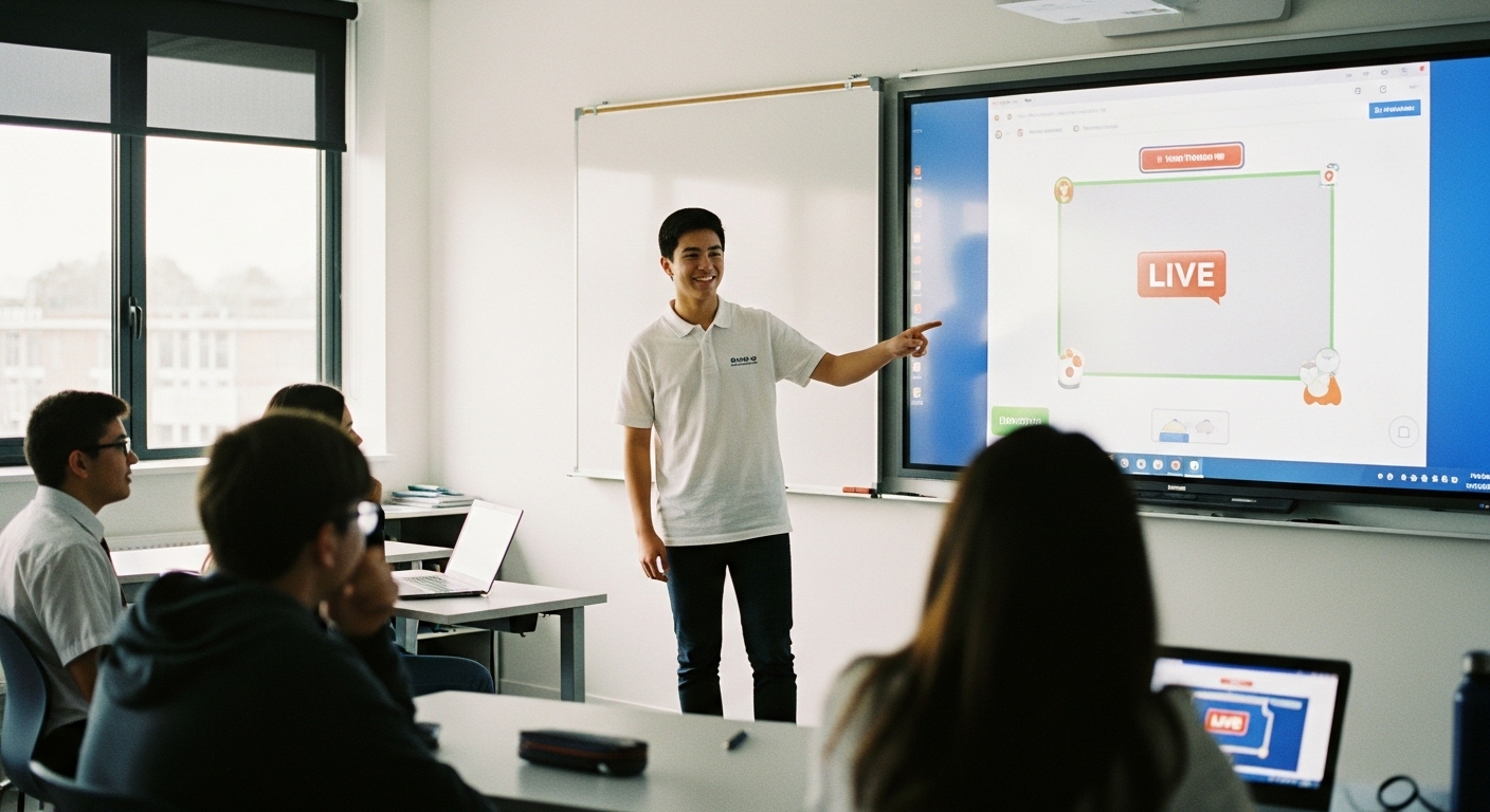 Smiling student confidently leading a class session using an educational game tool, standing near a projector screen with classmates engaged