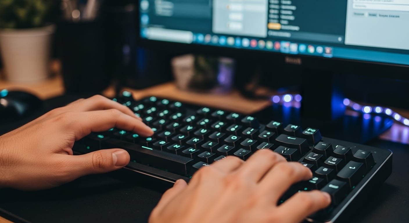 Player using keyboard shortcuts like W, A, S, D and tool keys in Gimkit Creative Mode on a desktop