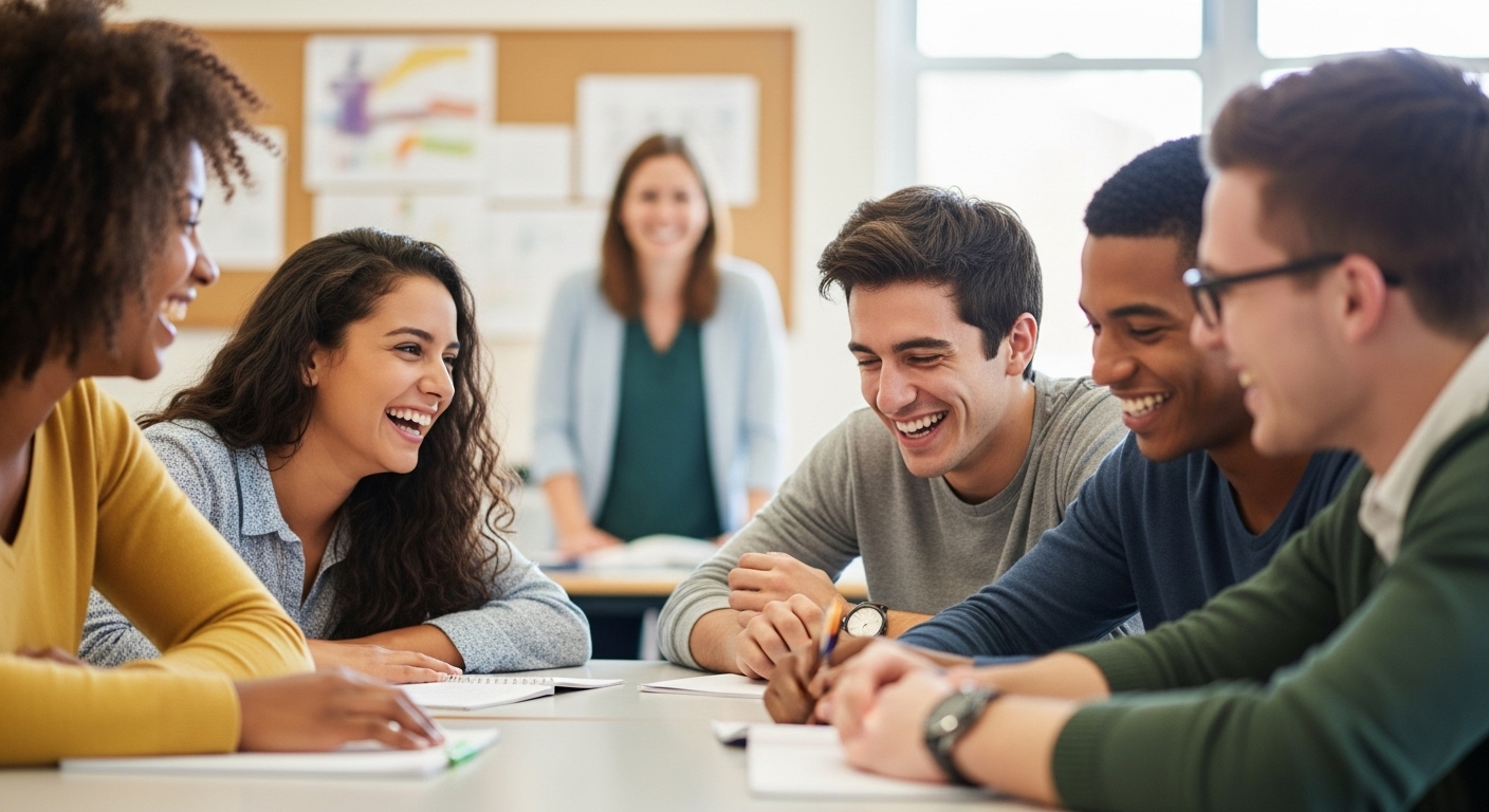 Students enjoying a low-stress educational game in a classroom, smiling and relaxed.