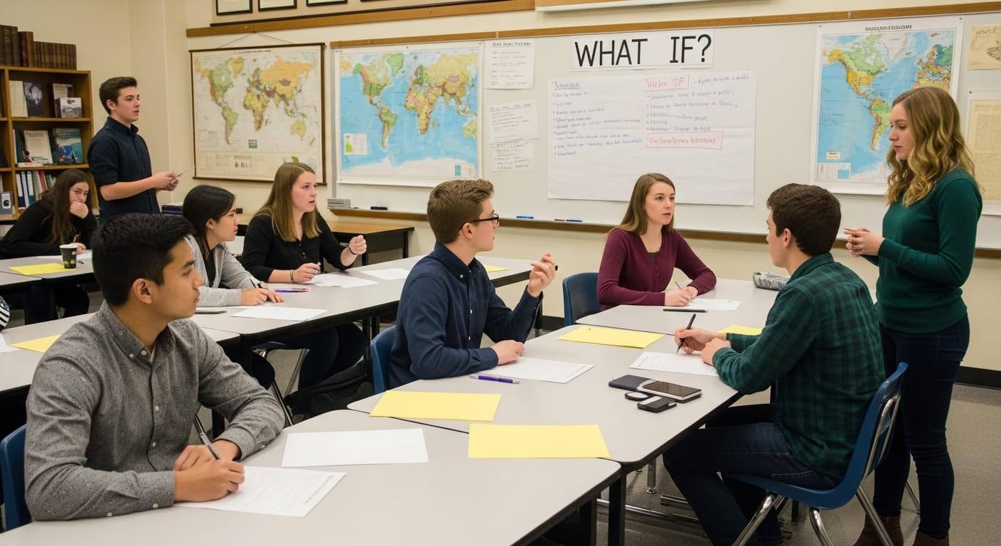 Teacher and students engaged in a reflective classroom discussion, analyzing game reports and discussing new questions to explore further.