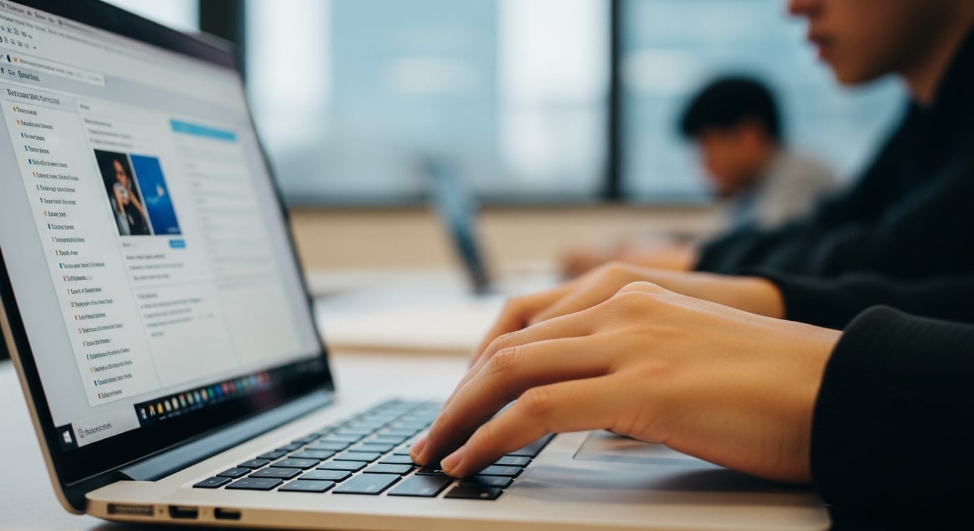 Close-up of a student’s hands typing answers rapidly on a laptop keyboard during an online educational quiz session