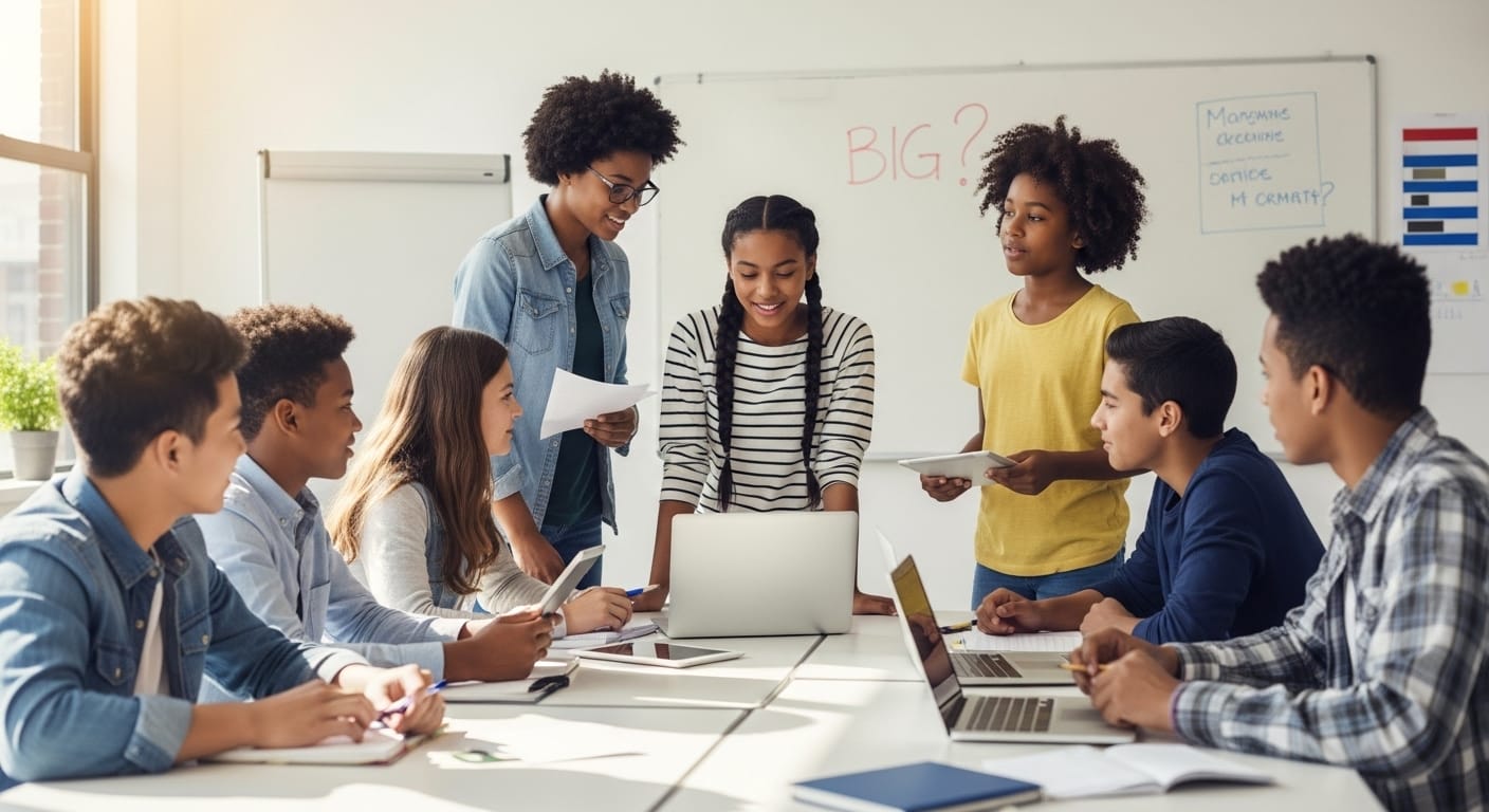 Students collaborating on a project, brainstorming ideas on a whiteboard as they engage in inquiry-based learning in a classroom setting.