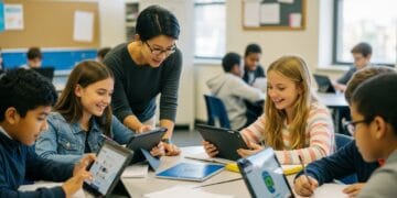 Students engaged in an interactive English Language Arts lesson using Gimkit, exploring vocabulary, grammar, literature analysis, and creative writing activities in a modern classroom setting