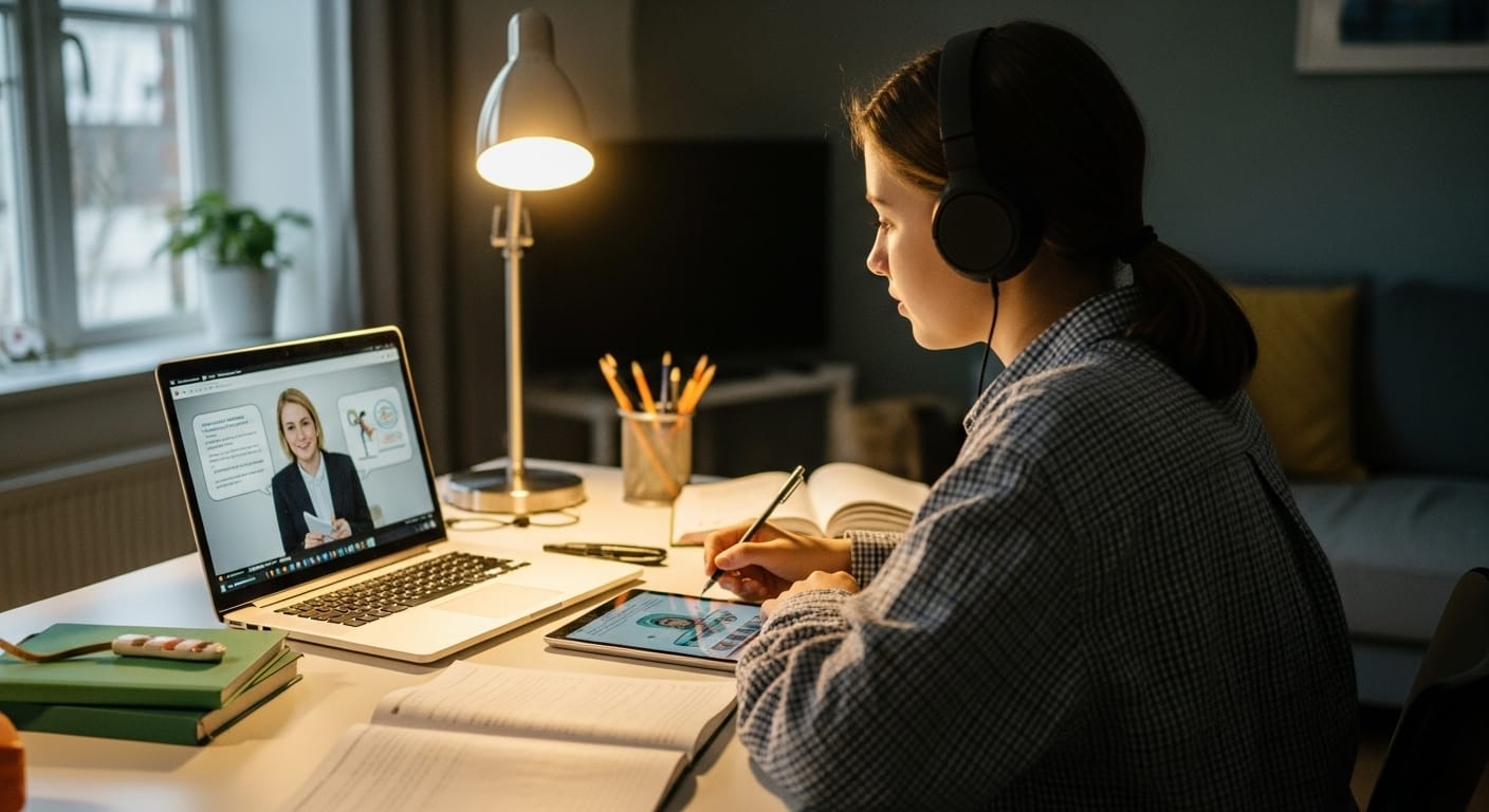 Teenage student watching an educational video at home with headphones, taking notes on a tablet for a flipped classroom lesson