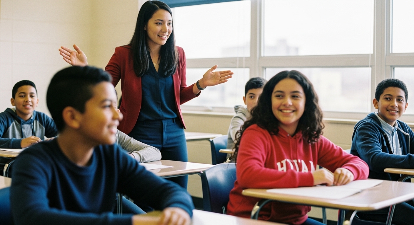 A teacher leading a short 5-minute educational game with engaged students in a modern classroom.