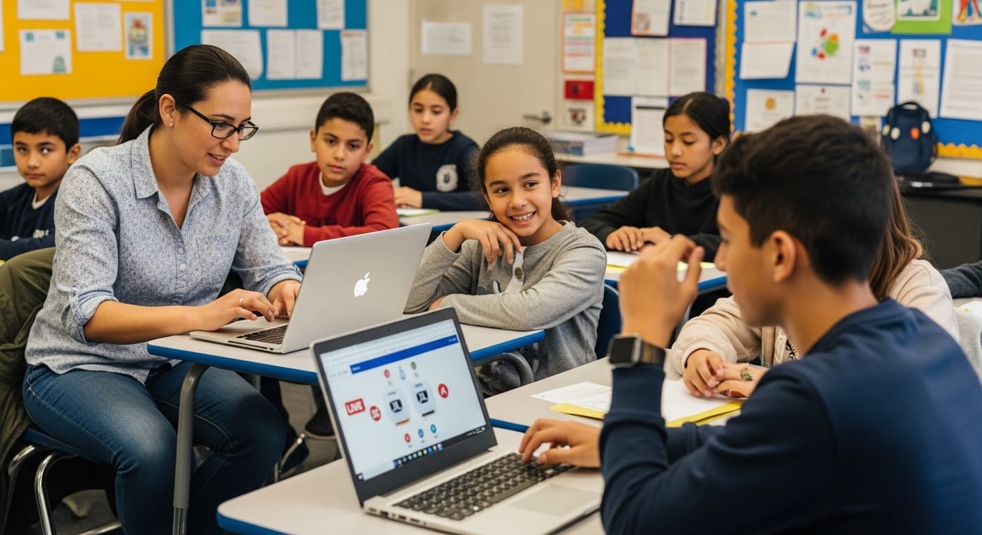 Teacher dynamically managing a live quiz game in a classroom, keeping students engaged and the session flowing smoothly