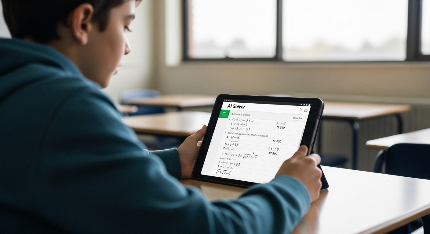 A student using an AI math solver on a tablet, receiving step-by-step feedback on a complex equation in a classroom setting.