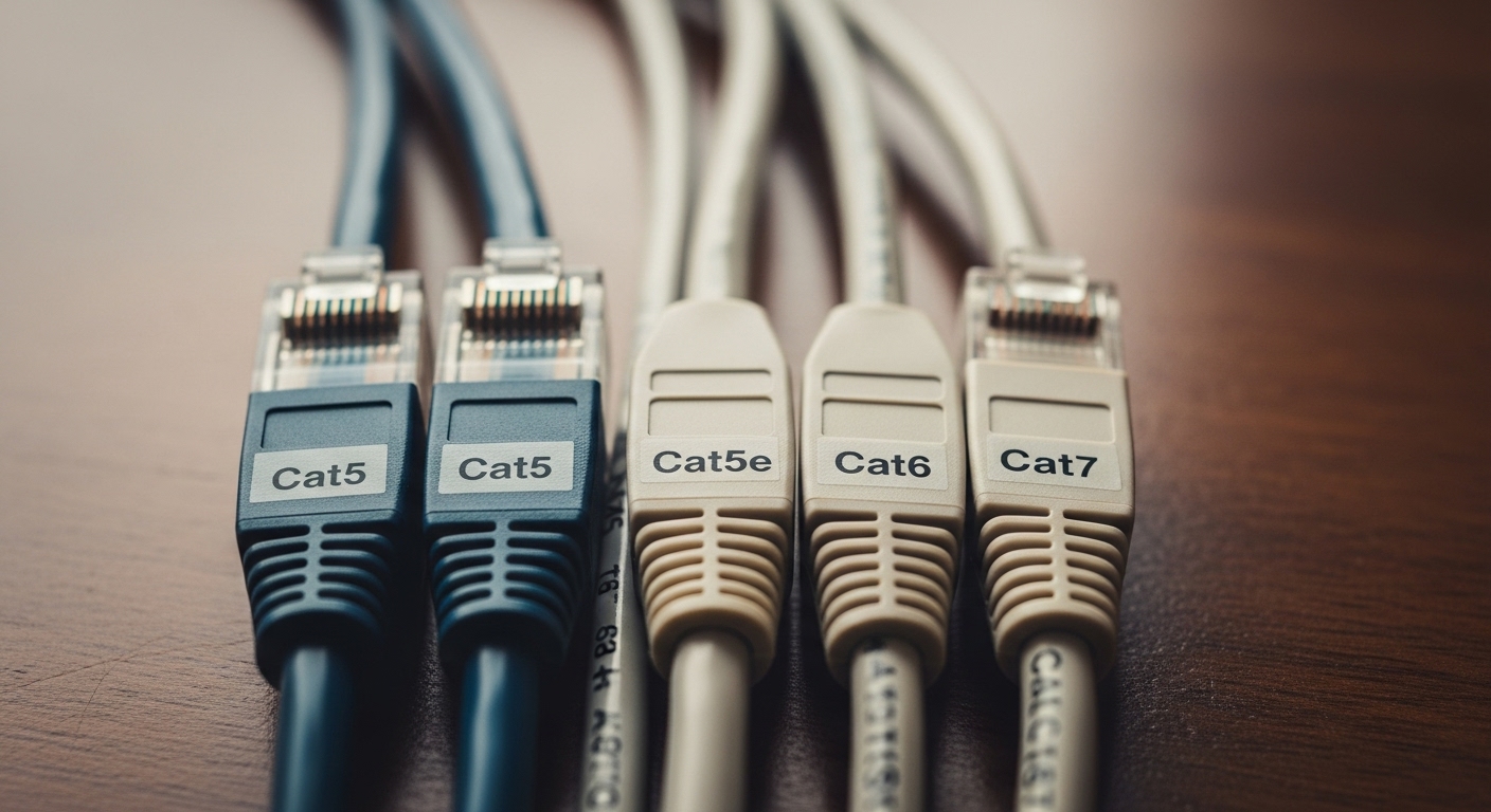 Close-up photo of labeled Ethernet cables showing Cat5, Cat6, and Cat7, illustrating cable categories for network performance comparison.