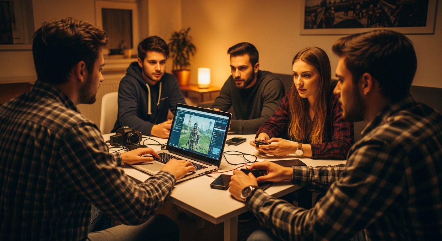 Group of gamers playing a survival game together while one player monitors server settings on a laptop, emphasizing control and fairness in gameplay.