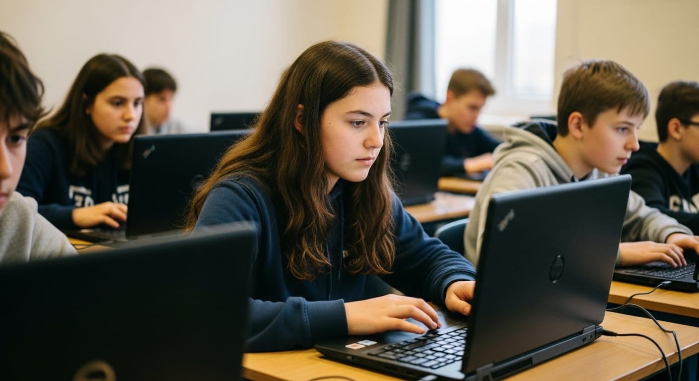 Middle school students quickly pressing keyboard keys like I, L, 2, 3, and Enter while playing an online classroom quiz game on laptops