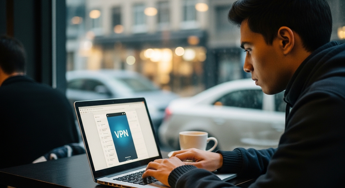 Man using a laptop in a café while connected to a secure VPN to protect personal data and location.