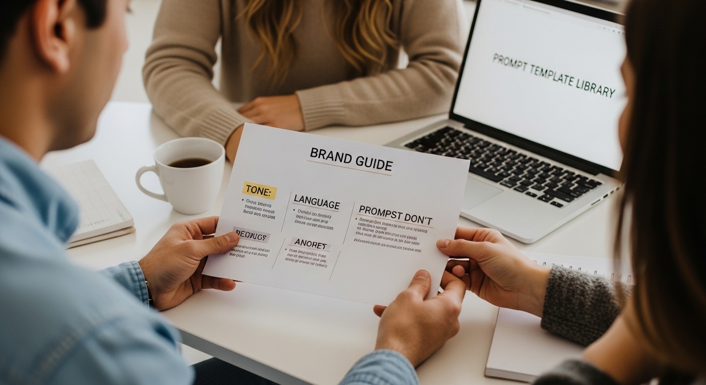 Team creating a brand guide with tone rules and approved phrases for consistent AI-generated content