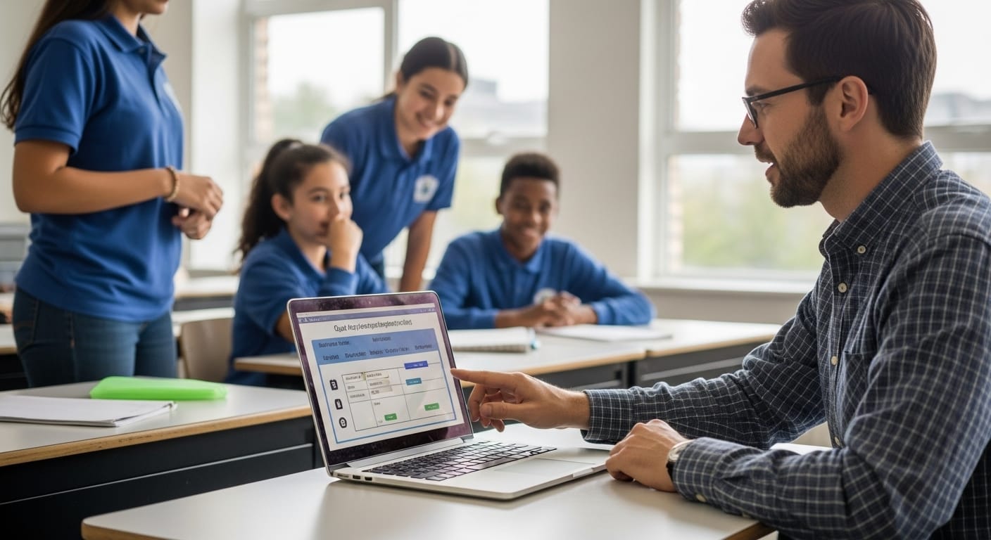 Teacher quickly setting up a Gimkit game on a laptop while students prepare in the background, symbolizing time-saving classroom efficiency