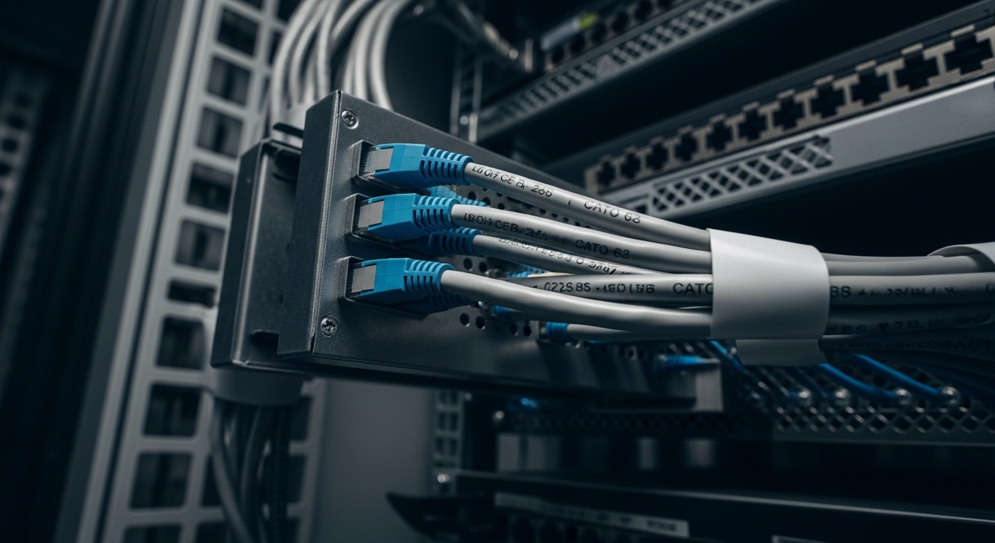 Shielded Ethernet cables installed near power lines and electronics to reduce signal noise and interference