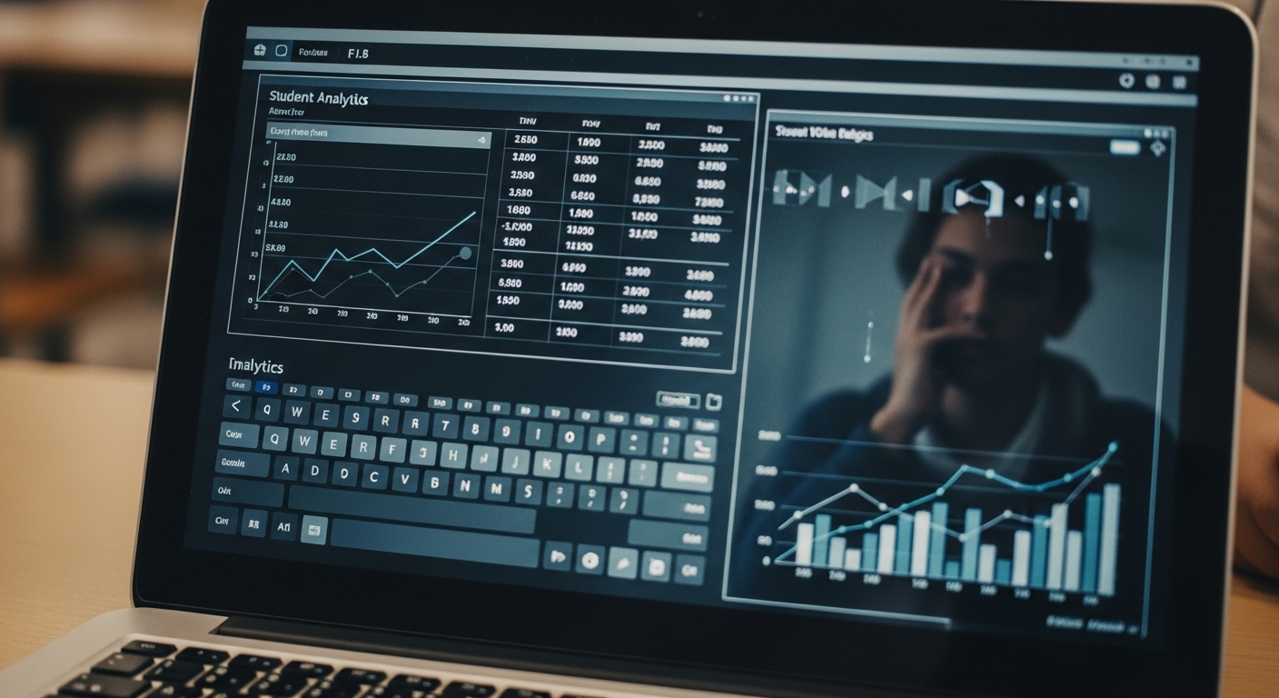 Digital overlay of student data like keystrokes and test scores on a computer screen in a school setting, raising privacy concerns